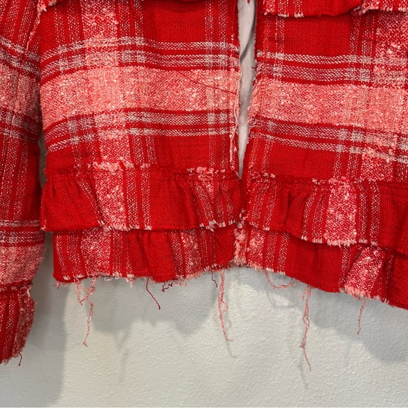Zara Red Plaid Distressed Hem Women's Jacket - Picture 4 of 11
